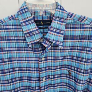 Ralph Lauren Pony Button Down Slim Fit Blue Plaid Cotton Oxford Shirt Sz L